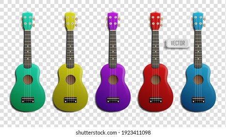 Set of multicolored ukulele realistic vector illustration. Acoustic Classical Ukulele Four Strings