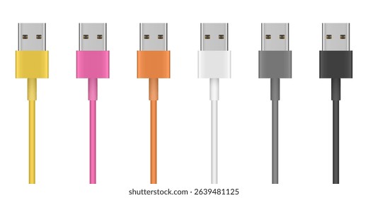 Set of multicolored usb cables. Yellow, pink, orange, white, gray and black usb plugs with wires