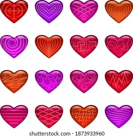 Conjunto de corazones de San Valentín multicolores con diferentes patrones, símbolos de amor. Vector