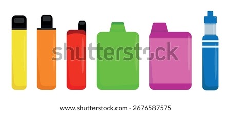 Set of multicolored vape pens in cartoon style. Vector illustration of electronic cigarettes of different shapes and colors: yellow, orange, red, green, purple, blue isolated on white background.
