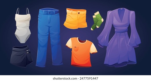 A set of multi-colored various bright clothes. Collection of vector isolated cartoon illustrations.