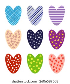 Set of multicolored vector hearts in color patterns