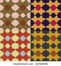 Set of multicolored vector seamless patterns from symmetric stylized leaves