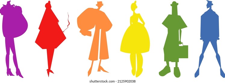 set of multicolored vector silhouettes. Stylish female images of rainbow colors. Fashion poses for stickers, posters, cards, clothing, print, creativity, advertising