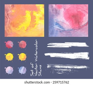 A set of multicolored vector watercolor backgrounds and blots/blobs plus some brush strokes