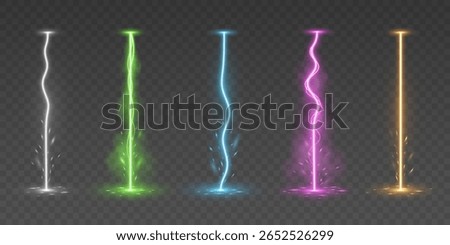 Set of multicolored vertical energy lightning bolts with glowing and sparkling effects. Realistic magic electric beams for video games, VFX, futuristic or fantasy themes. Vector illustration.