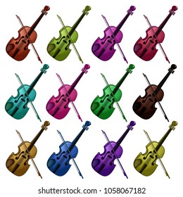 Set of multicolored violins on white