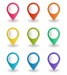 Set Of Multi-colored Volume Map Pointers. Vector Illustration With GPS Location Symbol In Flat Design Style.  Collection Of Blank Markers For Your Targets, Signs And Icons On A White Backdrop.