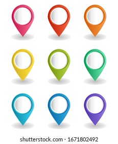 Set of multi-colored volume map pointers. Vector illustration with GPS location symbol in flat design style.  Collection of blank markers for your targets, signs and icons on a white backdrop.