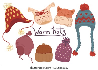 Set of multi-colored warm, knitted and fur hats with the inscription, on an isolated white background. Creative, vector illustration in scandinavian style.