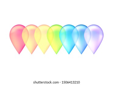 Set of multicolored water drop. 3d realistic vector illustration. All colors rainbow. Color palette. Raindrop. Water in red, orange, yellow, green, blue, purple. Isolated vector transparent objects.