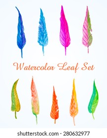 set of multicolored watercolor long leaves vector