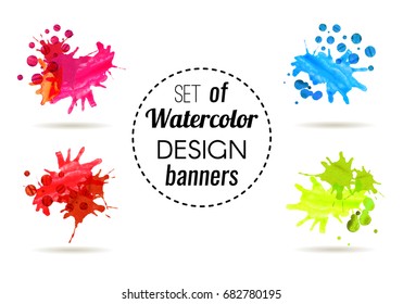 Set of multicolored watercolor stains. Color palette. Cover with blots on the background with a gradient. Vector illustration. 