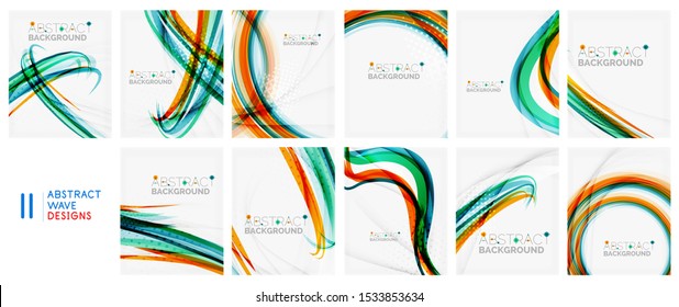 Set of multicolored wave line abstract backgrounds. Modern templates for cover design for brochures, web banners, flyers. Vector art