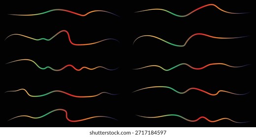 Set of multicolored wavy lines on black background