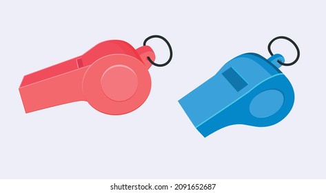 Conjunto de silbidos multicolores. Silbato rojo y azul. Sujeto para el entrenador. Entrenador. Fondo blanco. Aislado. Ilustración de material vectorial.