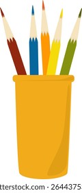 a set of multi-colored wooden pencils in a glass for the design of presentations and printed materials on the topic of drawing, school, academic year