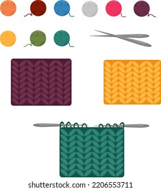 A set of multicolored woolen threads and knitting needles for hobby knitting. Knitted products.  Set of Threads, knitting needles, wool knitwear. Vector illustration.