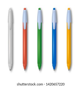 A set of the multi-colored writing pens. Office tools. Realistic objects with a shadow on the isolated white background.3D. Elements for design. Vector illustration.