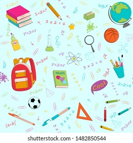 Set of multicolour vector seamless pattern with school supplies and stationery. Bundle of accessories for lessons, items for education of smart pupils and students. Colorful hand drawn illustration