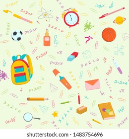 Set of multicolour vector seamless pattern with school supplies and stationery. Bundle of accessories for lessons, items for education of smart pupils and students. Colorful hand drawn illustration