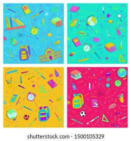 Set of multicolour vector seamless pattern with school supplies and stationery. Bundle of accessories for lessons, items for education of smart pupils and students. Colorful hand drawn illustration