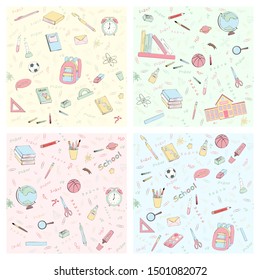Set of multicolour vector seamless pattern with school supplies and stationery. Bundle of accessories for lessons, items for education of smart pupils and students. Colorful hand drawn illustration