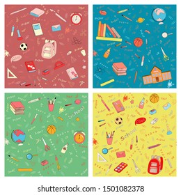 Set of multicolour vector seamless pattern with school supplies and stationery. Bundle of accessories for lessons, items for education of smart pupils and students. Colorful hand drawn illustration