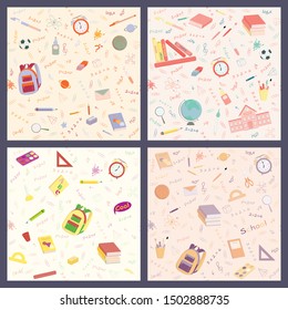 Set of multicolour vector seamless pattern with school supplies and stationery. Bundle of accessories for lessons, items for education of smart pupils and students. Colorful hand drawn illustration