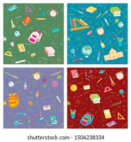 Set of multicolour vector seamless pattern with school supplies and stationery. Bundle of accessories for lessons, items for education of smart pupils and students. Colorful hand drawn illustration