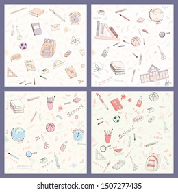Set of multicolour vector seamless pattern with school supplies and stationery. Bundle of accessories for lessons, items for education of smart pupils and students. Colorful hand drawn illustration