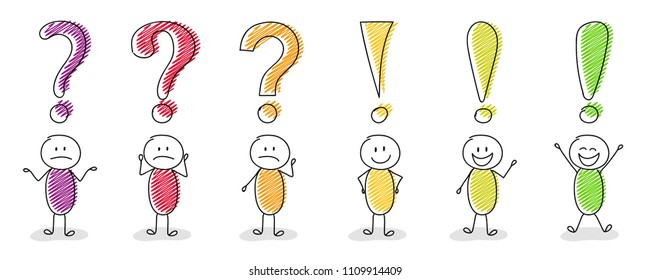 Set of multicoloured cartoon stickmen with question and exclamation mark icons. Vector.