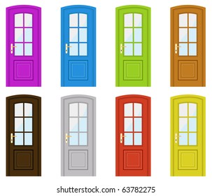 Set of multicoloured doors on a white background