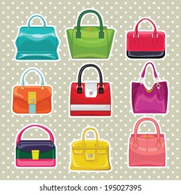 Set of Multi-coloured fashion women's handbag  standing in front on Polka dot background.Casual and festive.Proverb Big saler.Fashion illustration,vector