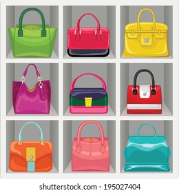 Set of Multi-coloured fashion women's handbag standing in the wardrobe.Casual and festive.Proverb Big saler.Fashion illustration,vector