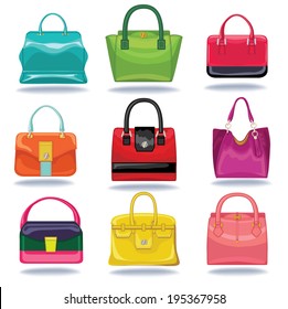 Set of Multi-coloured fashion women's handbag standing in front on a white background.Isolated objects from falling shadow.Casual and festive.Fashion illustration,vector