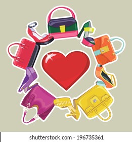 Set of Multi-coloured fashion women's handbag and high-heeled shoes.Circle composition with red heart .Casual and festive.Fashion illustration,vector
