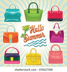 Set of Multi-coloured fashion women's handbag.Casual and festive.Proverb Hello summer.Fashion illustration,vector