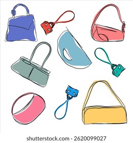Um conjunto de bolsas de mulheres de design na moda multicolorido. Esboço vetorial. Desenho de mão para impressão em tecido, embalagem, têxteis.