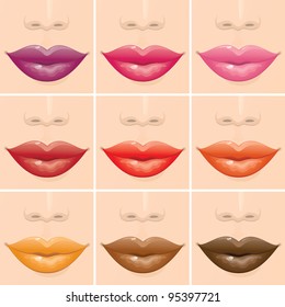Set of multicoloured female vector lips.