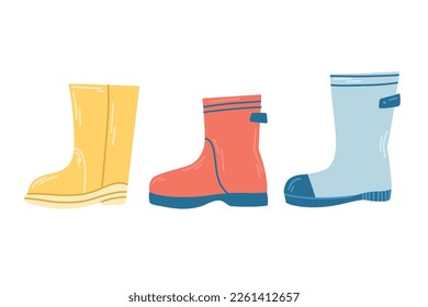 A set of multi-coloured rubber boots for wet weather in flat style, one each.