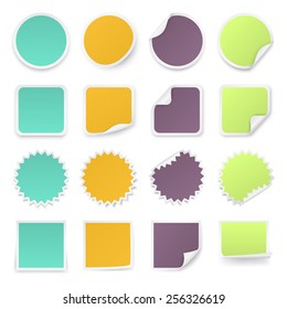 Set of multi-colours stickers with rounded corners in different shapes. Vector illustration. 