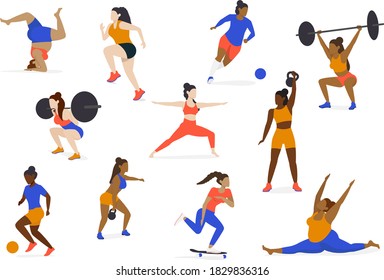 Set of Multicultural Athletes and Healthy Active People doing yoga, running, jumping, stretching, playing soccer, lifting weights and skateboarding - Diversity Character Concept