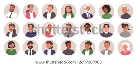 Set of multicultural business avatars of men and women in a circle. Vector illustration in a flat style