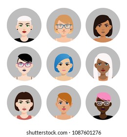 Set of multicultural girl avatars with piercing on white isolated background. Icons of diverse women with different type of nose, lips, ear piercing, haircuts and hair color.