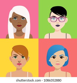 Set of multicultural girl portraits with piercing on colored backgrounds. Diverse women with different type of nose, lips, ear piercing, haircuts and hair color.