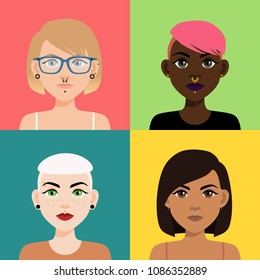 Set of multicultural girl portraits with piercing on colored backgrounds. Diverse women with different type of nose, lips, ear piercing, haircuts and hair color.