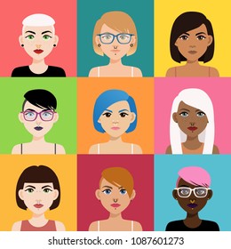 Set of multicultural girl portraits with piercing on colored backgrounds. Diverse women with different type of nose, lips, ear piercing, haircuts and hair color.