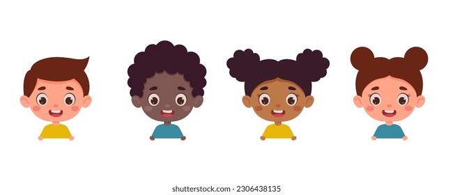 Set of multicultural kid boy and girl heads. Children peeking out. Cartoon child characters. Vector illustration.