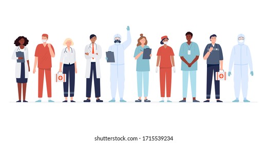 Set of multicultural medicine workers. Group of medical specialists standing together: doctor, surgeon, physician, paramedic, nurse, and other staff. Flat vector characters.